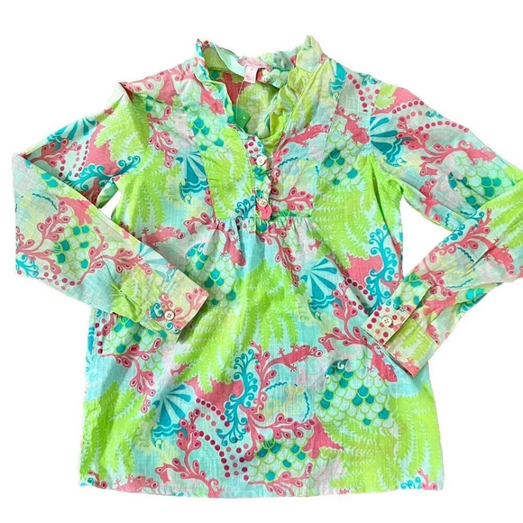Lilly Pulitzer Girl’s Brynn Tunic Top Size 10 Surf Blue Checking In Lizard Print - Picture 1 of 11